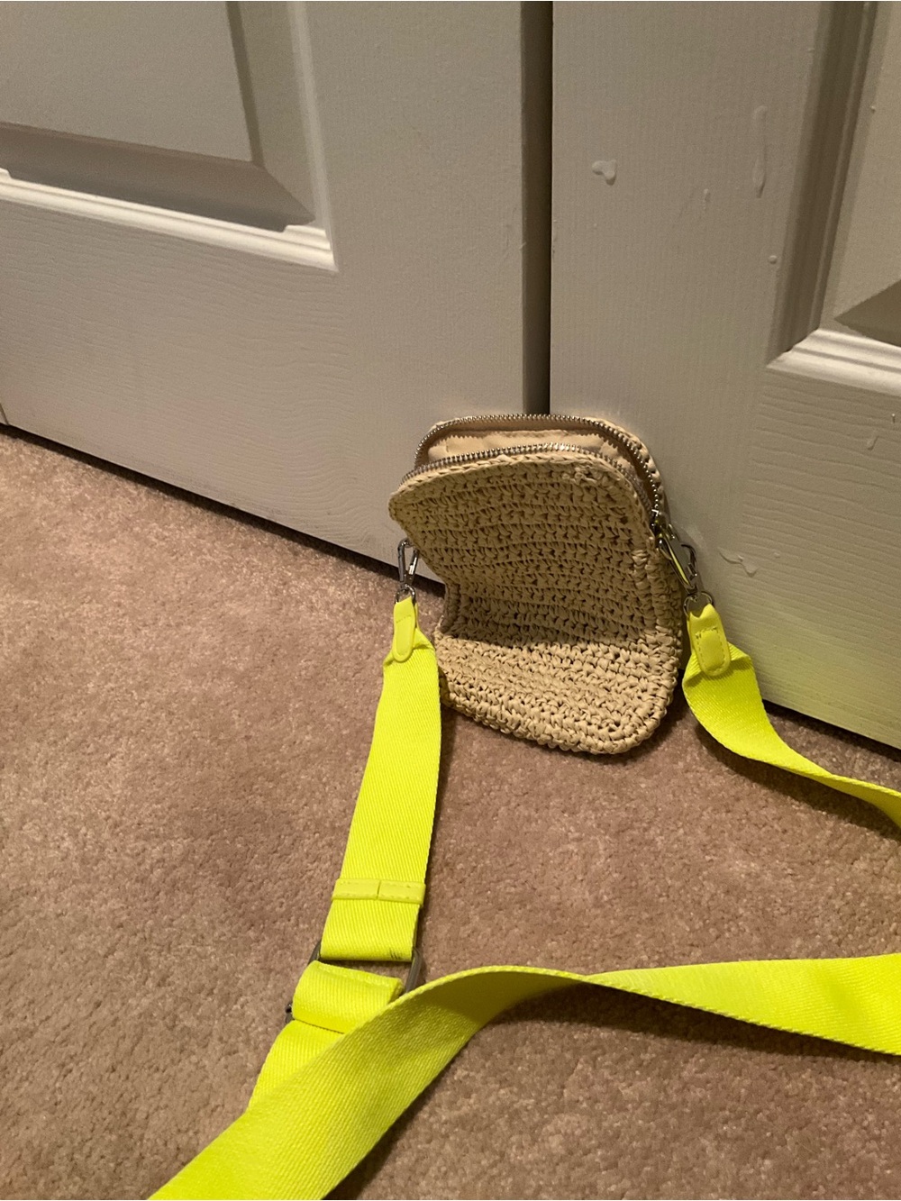 Woven Straw Crossbody Bag with Neon Yellow Strap